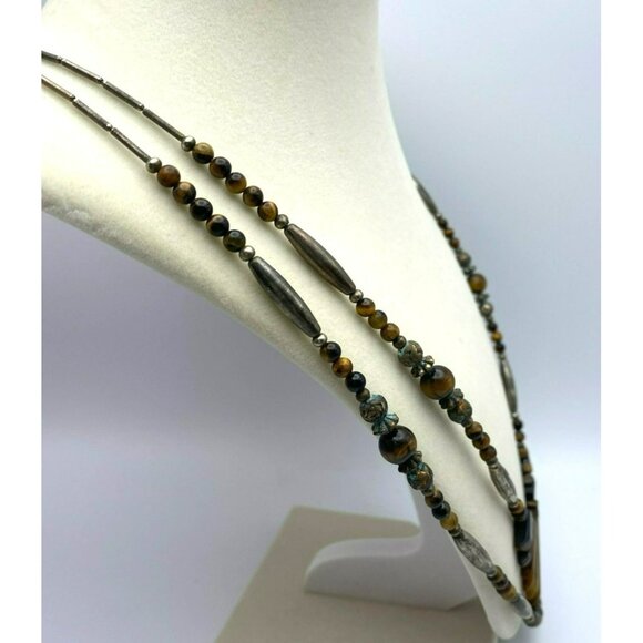 Vintage Tigers Eye & Silver Double Strand Beaded Hand Crafted Statement Necklace - Picture 4 of 9